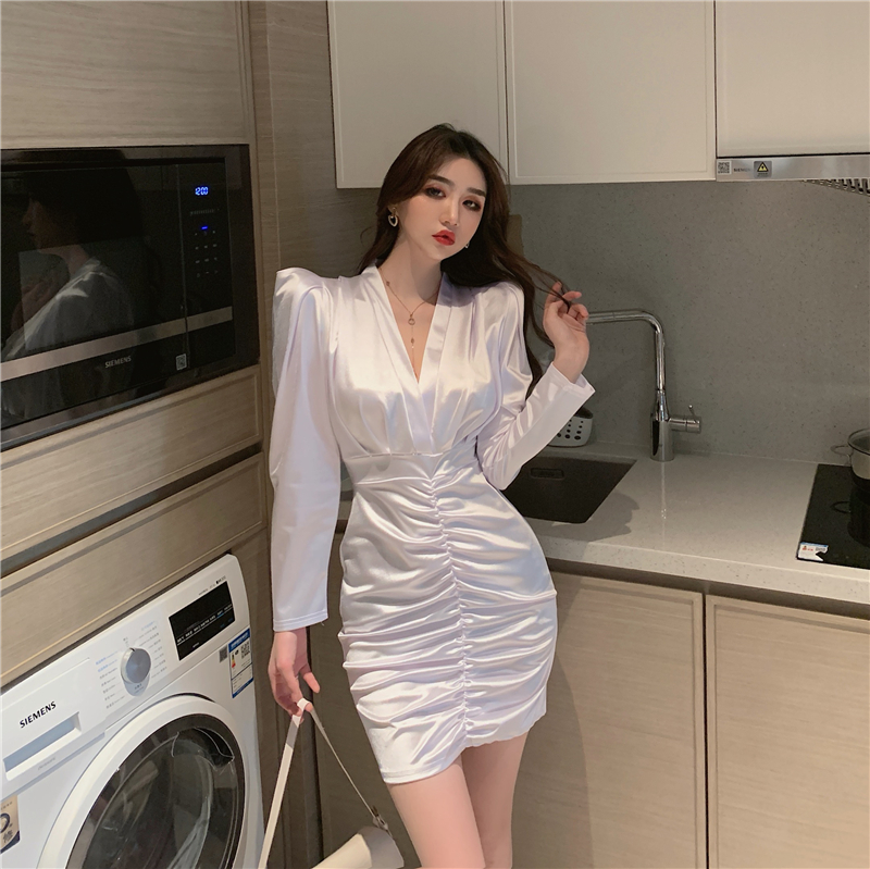 Autumn new design womens sexy deep v-neck puff long sleeve satin glossy fabric drapped bodycon tunic pencil dress
