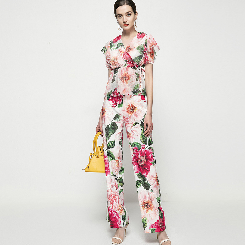 Women's Two Piece Pants Sets Turn Down Collar Short Sleeves Ruffles Blouse Tops with Floral Long Pant Fashion Runway Twinsets