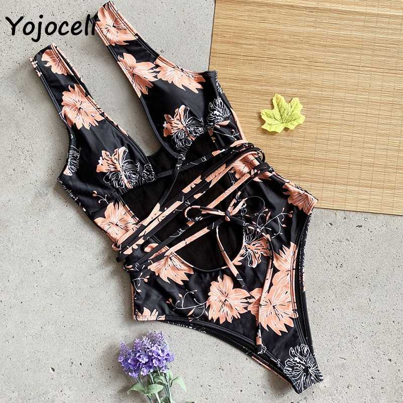Yojoceli summer holiday floral print bandage bodysuit women hollow out sexy beachwear bikini 210609