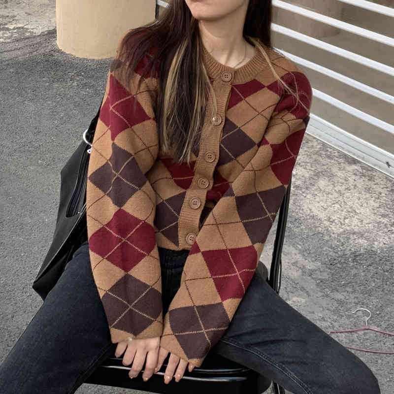 2Colors autumn and winter korean style o neck knittd cardigans womens loose plaid Vintage sweaters cardigan womens(C9908) 210423