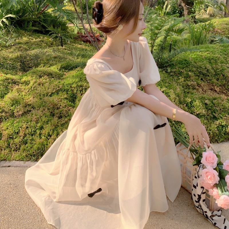 Elegant Square Collar Women Solid Chiffon Puff Sleeve Dresses Korean Fashion Sweet Bow Vintage Fairy Party Dress Vestidos 210518