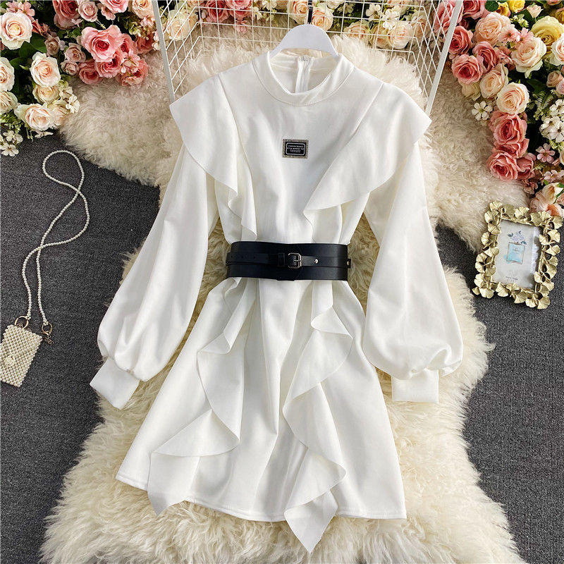 Nomikuma Sweet Ruffle Patchwork Women Dress Korean Stand Neck Lantern Sleeve Dresses Spring New A-line Vestidos Femme 6D977 210427