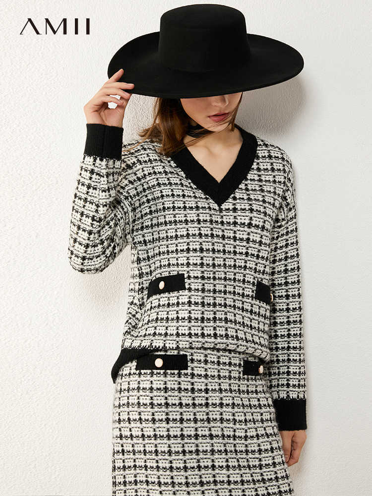 Minimalism Autumn Winter Suit Female Fashion Vneck Plaid Knitted Sweater High Waist Aline Skirt Woman 12040972 210527