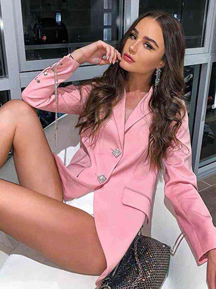 DEAT Notched Collar Pink Color Full Sleeves Single Breasted Spliced Metal Buttons High Waist Blazer Female Top WP95111L 211122