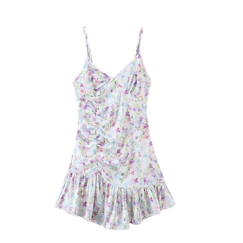 DEAT Women Ruffles Printing Sling Dress V-neck Sleeveless Arrivals Lady Sexy Temperament Fashion Spring Summer 11D1703 210709