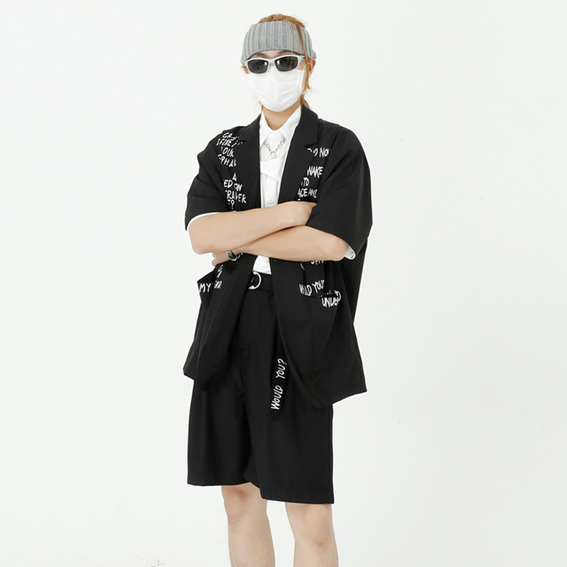 IEFB Men's Trend Two Pieces Set Summer Ins Short Sleeve Letter Print Blazer + Elastic Loose Shorts Suit With Belt 9Y5993 210524