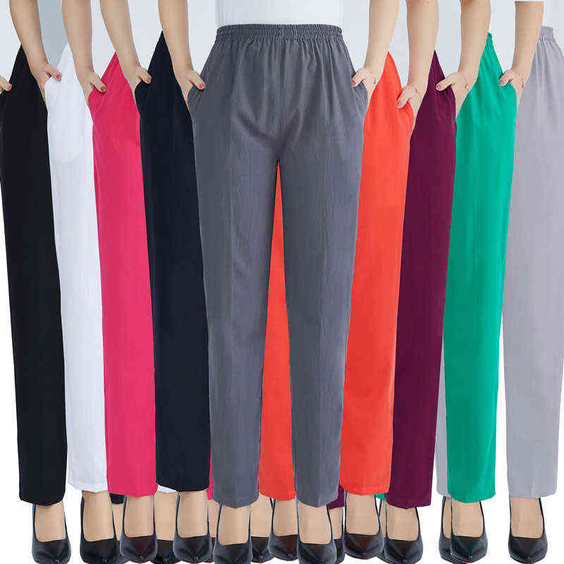 Summer Straight Pants Vintage Middle-aged Women Solid Color Thin Loose Ankle-Length Trousers Elastic Waist Casual White 211115