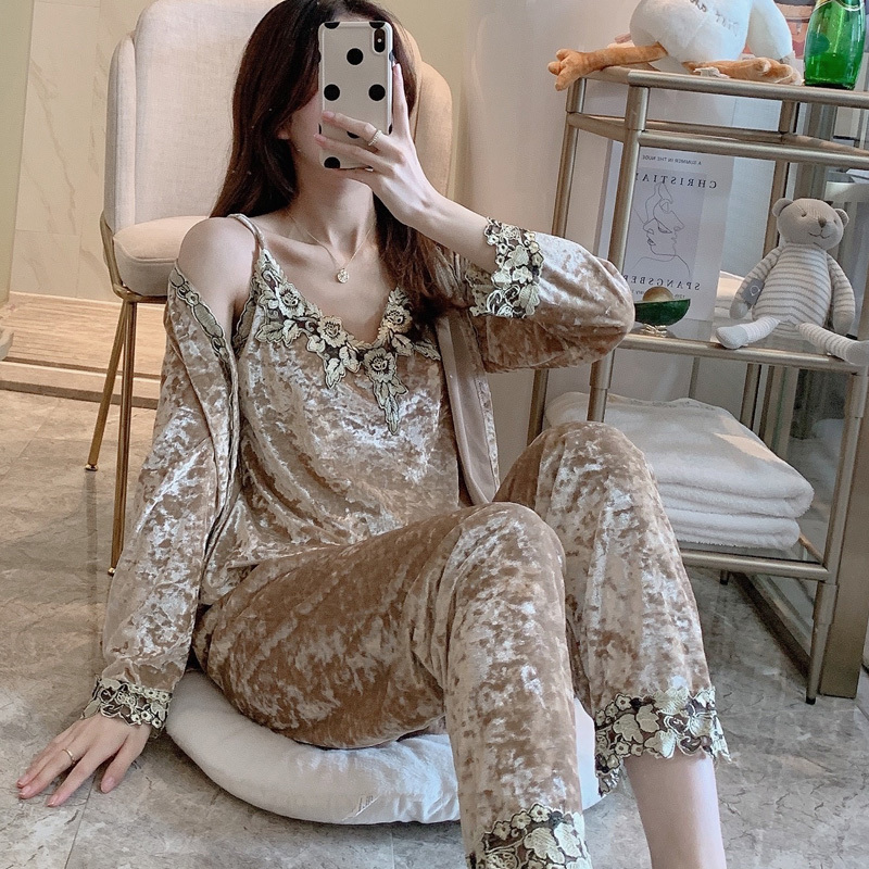 Autumn Winter Warm Pajamas Set Women SleepSet Deep Gold Velvet Sexy Homewear Pyjamas Women Pajama Sets Long Pant Set Robe Women 210330