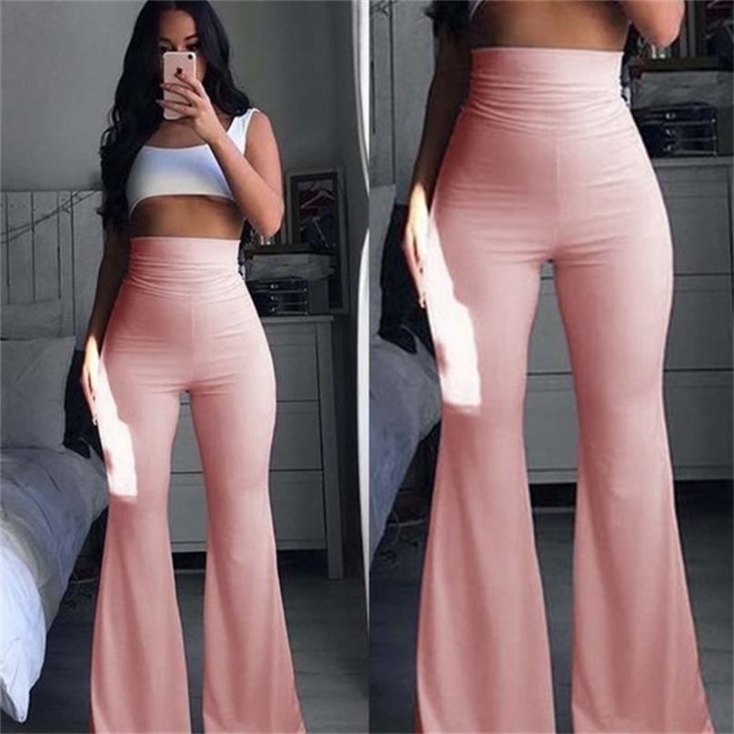 Spring Summer Women Fashion Woman Pants Hippie High Waist Bell Bottoms Ladies Stretch Flare Trousers Solid Pink 211115