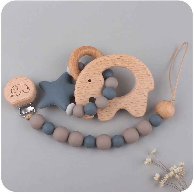 INS baby Safty Wooden Soothers & Teethers Unicorn Elephant Shape Beads Ball Design Health Care Teething Training Infant Pacifier Anti-Drop Chain Set O