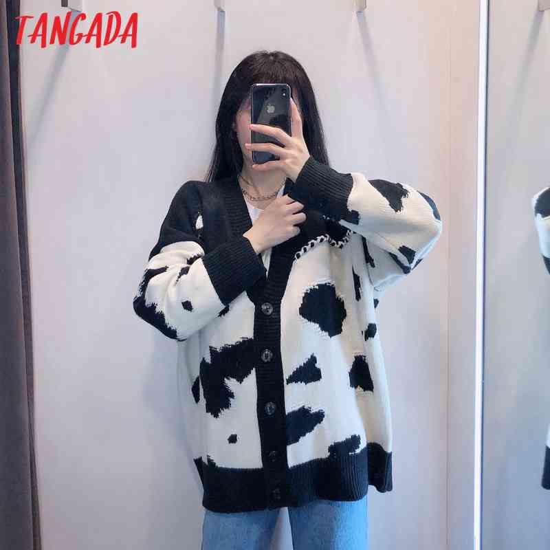 Women Elegant Animal Pattern Vintage Jumper Lady Fashion Oversized Knitted Cardigan Coat BE451 210416