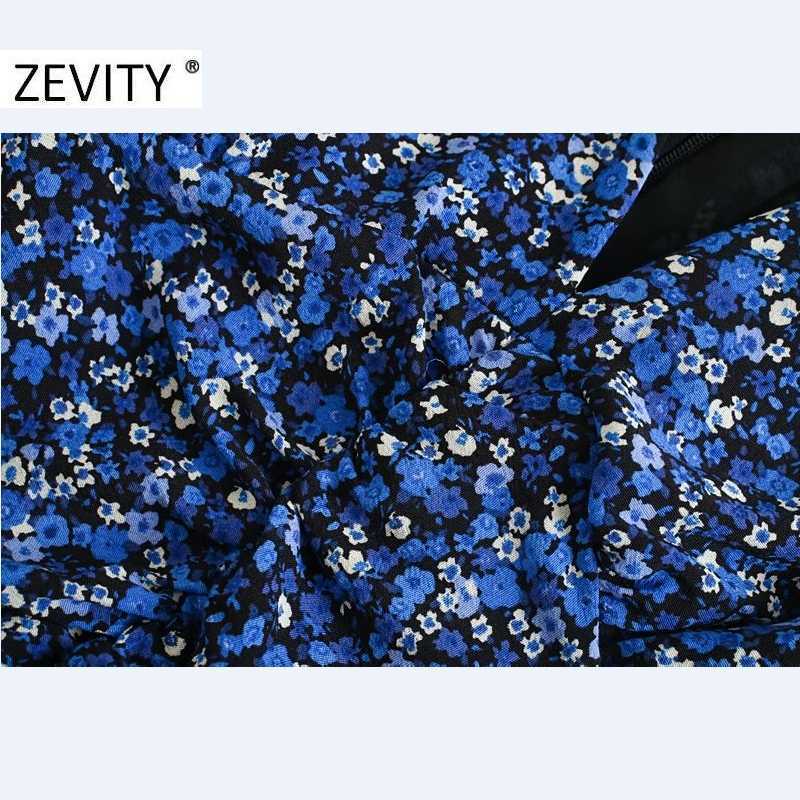ZEVITY Women Vintage V Neck Flower Print Pleated Shirtdress Ladies Long Sleeve Back Zipper Vestido Chic Split Dresses DS4516 210603
