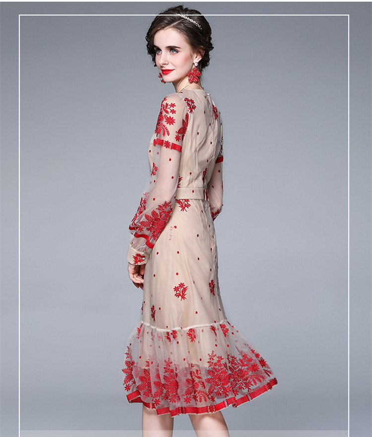 Spring summer clothing street style dresses round neck lantern sleeve gauze embroidery fishtail skirt red floral small dress
Spring summer clothing street style dresses round neck lantern sleeve gauze embroidery fishtail skirt red floral small dress