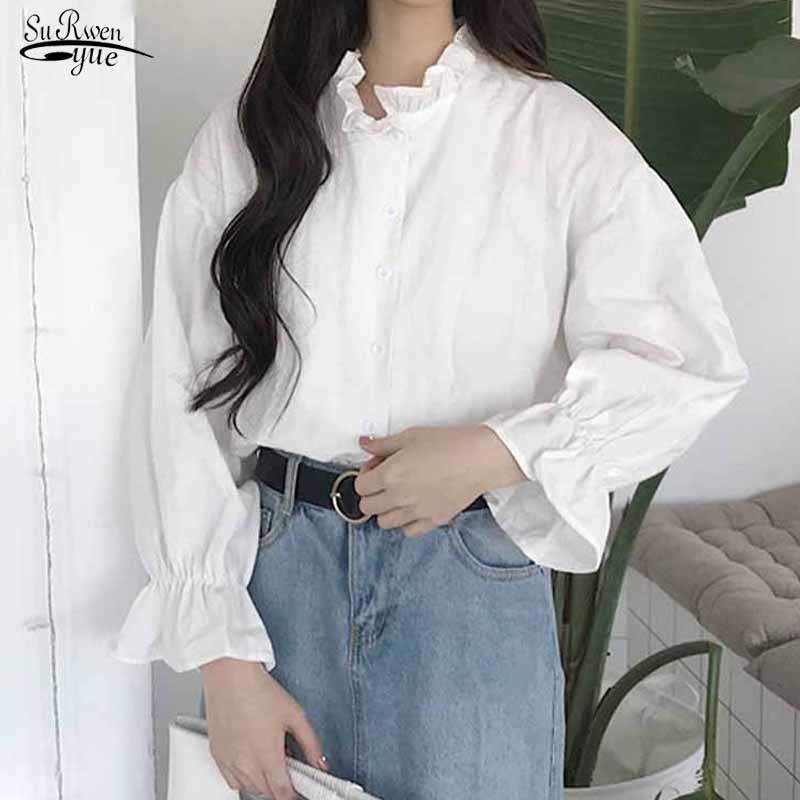 All-match Women Stylish Autumn White Solid Blouse Shirt Korean Style Long Sleeve Kawaii Casual Tops 11359 210508