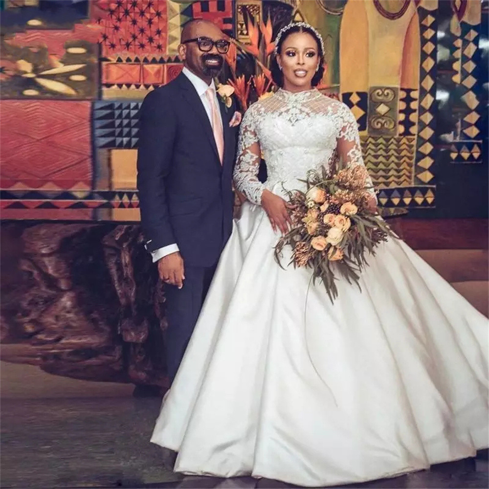 Satin puffy skirt Wedding Dresses Ball Gown Long Sleeve High Neck Lace Pearls Crystal Beading aso ebi african Bride Gown