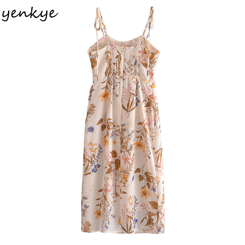 YENKYE Summer Women Vintage Floral Print Sexy Slits Sling Dress Female Holiday Beach Dress Chiffon Vestido 210515