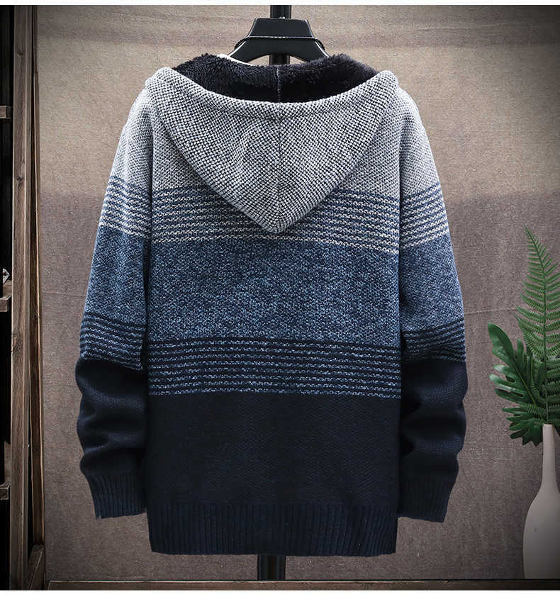 Inner Fleece Sweaters for Men Winter Warm Knitted Men Slim Sweaters Autumn Hooded Thick Coat Mens Cardigan Clothing XXXL 210818