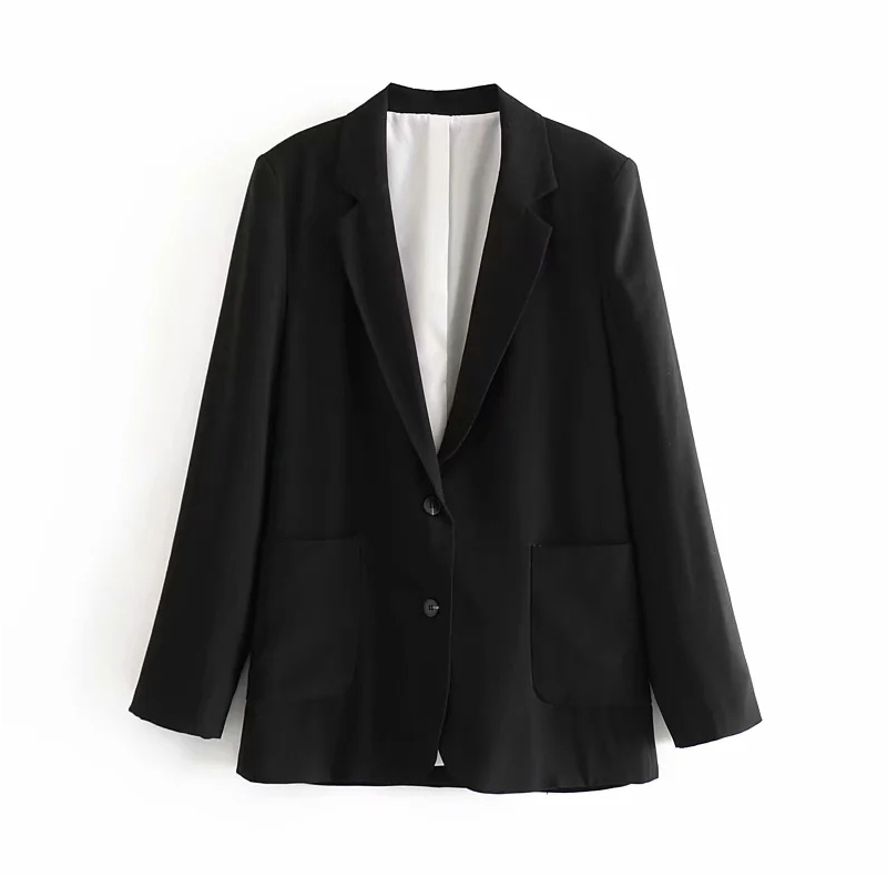 Women Solid Casual Office Wear Blazer With Pockets Long Sleeve Single Breasted Jacket Coat Notched Collar Ladies Tops 210414