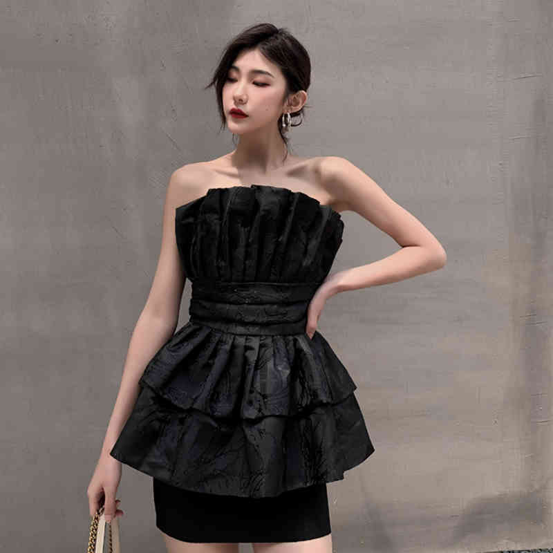 VGH Black Sexy Two Piece Set For Women Strapless Sleeveless Shirt High Waist Bodycon Skirts Female Sets Fashion New clothes 210421