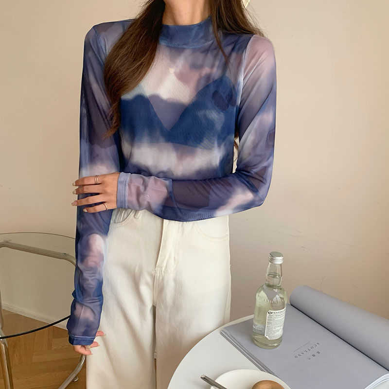 Yedinas Tie Dye Mesh Tops Sexy Turtleneck Summer T-shirt Women Spring See Through Long Sleeve Tshirts Y2k Fashion T Shirts 210527
