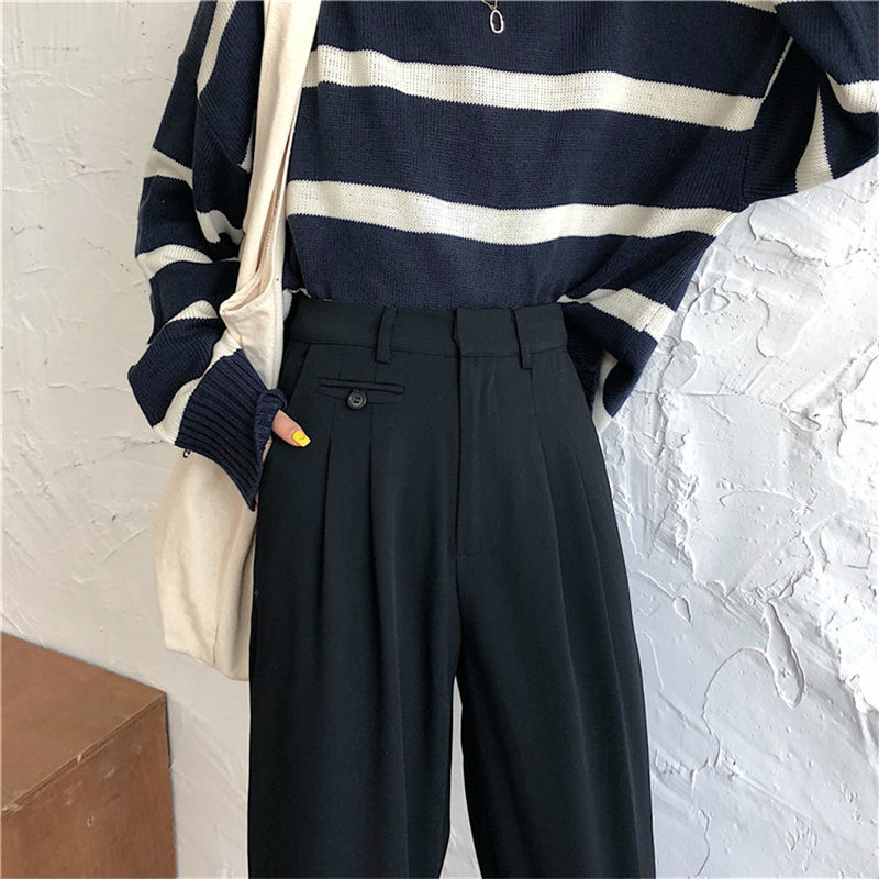 Large Size Full Length High Waist Slim Versatile Straight Korean Spring Retro Solid All Match Slender Pants 210421