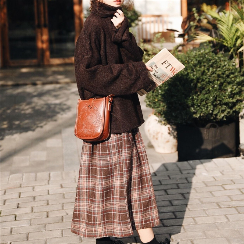 japanese style elastic high waist Long Skirts womens autumn plaid A-line pleated Female winter Wool Warm Streetwear 210421