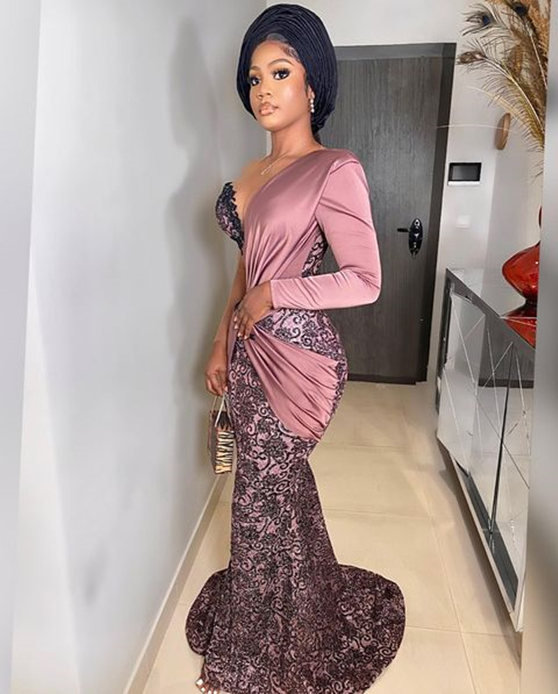 Robe Rose Pale Mermaid Evening Formal Dresses with One Shoulder Long Sleeve Lace Stain African Nigerian Aso Ebi Prom Engament Dress