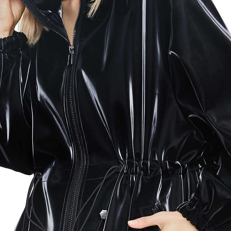 Nerazzurri Long black warm oversized shiny patent leather trench coat for women long sleeve Zip up fall fashion Windbreaker 210909