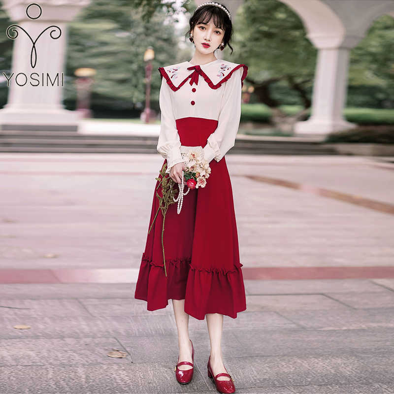 YOSIMI Long Women Dress Preppy Style Autumn Peter Pan Collar Vestido Feminino Fake Set Embroidery Sleeve Elegant 210604, Red
YOSIMI Long Women Dress Preppy Style Autumn Peter Pan Collar Vestido Feminino Fake Set Embroidery Sleeve Elegant 210604, Red