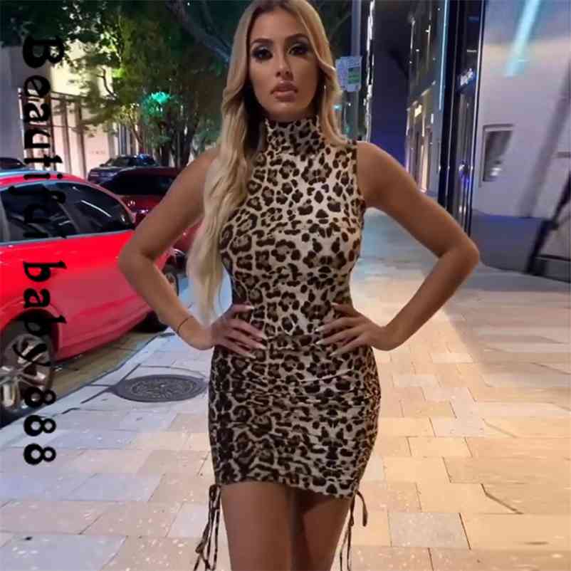 2019 New fashion Drawstring Christmas club party mini drees femme sexy leopard turtleneck sleeveless bodycon hip dresses women 210331