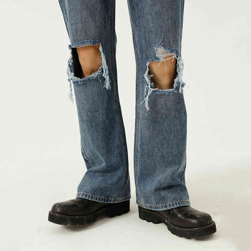 IEFB Men's Wear Beggars' Hole Jeans Male Trend Loose Mid Waist Blue Flare Pants Streetwaer Vintage Denim Trousers 210524