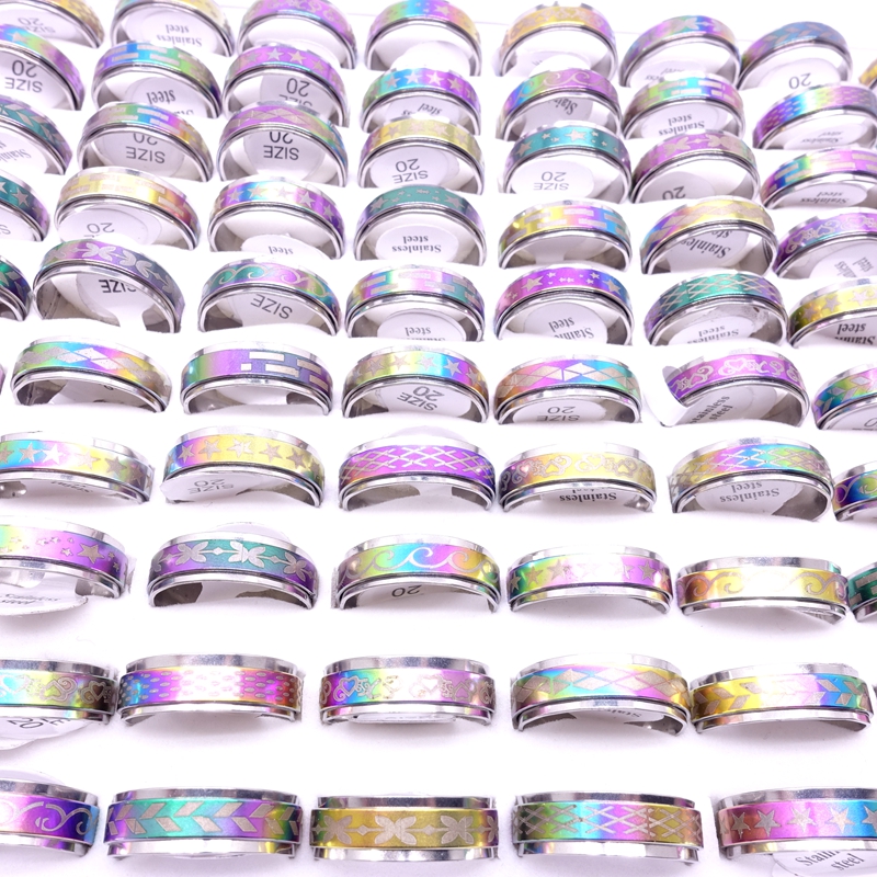 Wholesae 100PCs Lot Stainless Steel Spin Band Rings Rotatable Multicolor Laser Printed Mix Patterns Fashion Jewelry Spinner Party
