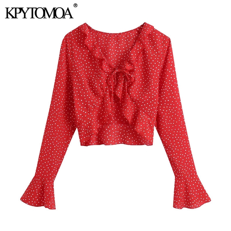 Women Fashion With Bow Tie Polka Dot Cropped Blouses Long Sleeve Ruffled Female Shirts Blusas Chic Tops 210420