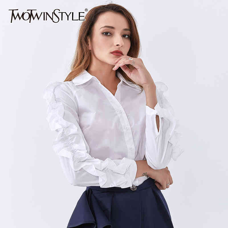 Patchwork Ruffle Shirt For Women Lapel Long Sleeve Casual White Blouse Female Fall Fashion Stylish 210524