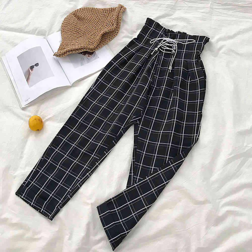 Japanese Harajuku Casual Pants Women Fashion Lace Up High Waist Ankle Length Loose Plaid Harem 210428