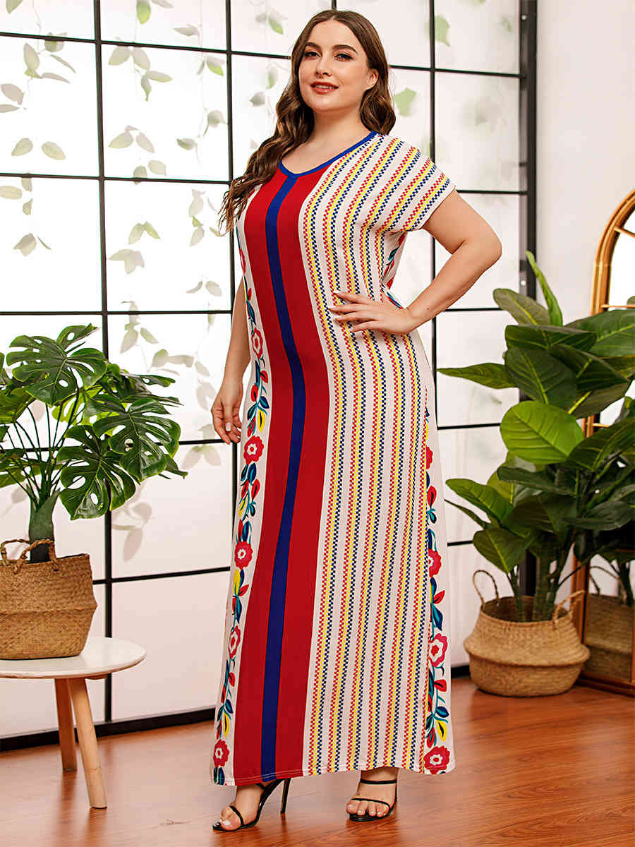 Siskakia Comfortable Viscose print Plus Size Dresses for Women Summer V Neck Short Sleeve Maxi Long Dress Casual Arab Clothing 210331