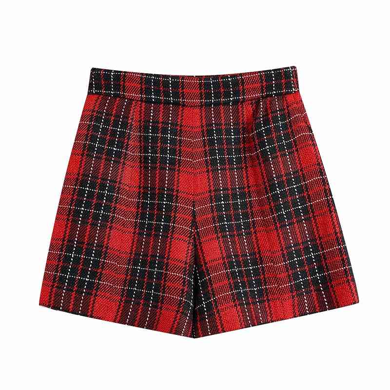 Vintage Women Elegant Tweed Shorts Spring-Autumn Fashion Ladies Red Plaid Patchwork Female Chic 210430