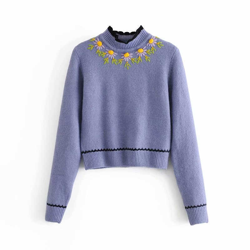 Za Blue Embroidered Knit Sweater Women Turtleneck Long Sleeve Embroidery Floral Knitted Top Woman Chic Slim Winter Pullover 210602