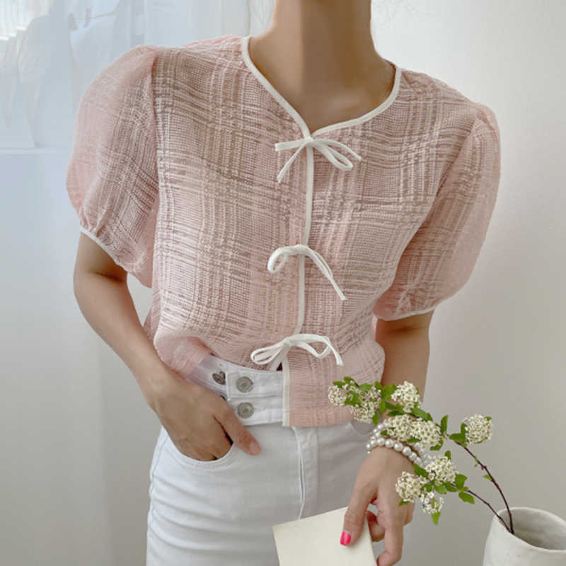 Korejpaa Women Shirt Summer Korean Fashion Chic Gentle Sweet Trim Tie with Bow Plaid Micro-bubble Sleeve Blouse Top Female 210526