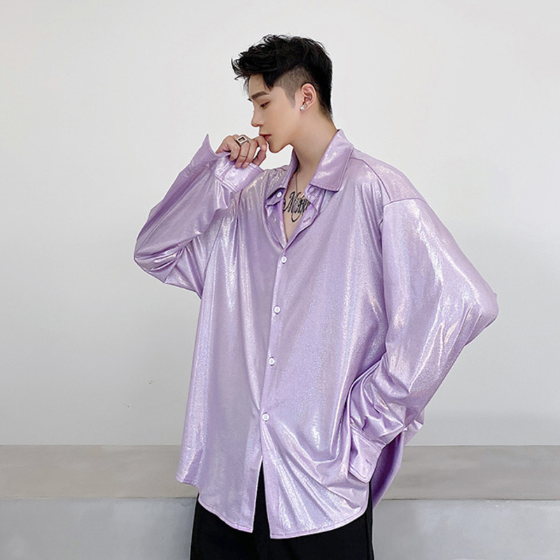 IEFB Men's Wear Oversized Spring Long Sleeve Violet Shirts Spring Blouse Shiny Color Tops Fashion Streetwear 9Y5423 210524