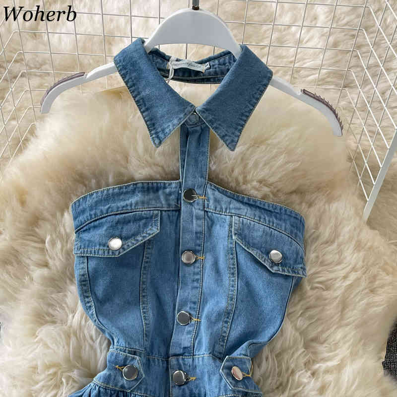 Off Shoulder Denim Dress Summer Robe Ropa Mujer Backless Sleeveless Vestidos Temperament Halter Neck Slim Dresses 210519