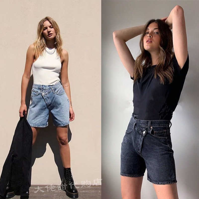 Asymmetric Waist Straight Leg Jeans Denim Shorts Womens Vintage High Waist fashion summer casual clothings 210611