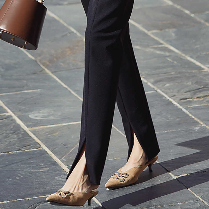 AEL Spring Ladies Black Pencil Pants bottom split Casual Pants Simple slim Elastic long Trousers For Women 211006