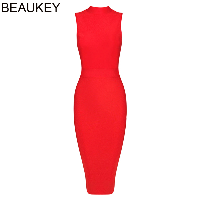 BEAUKEY Sexy Red Turtleneck Sleeveless Green Women Bandage Dress Split Maxi XL Party Club Celebrity Bodycon Vestido Midi 210409