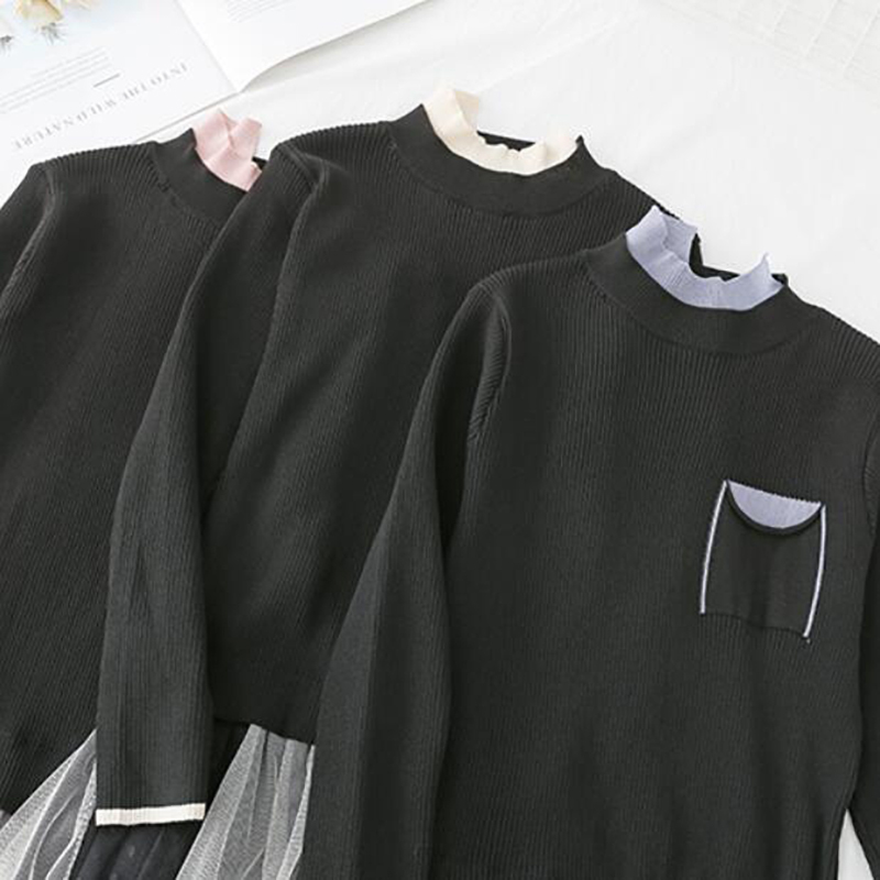 Women Knitted Dress Autumn Winter O-Neck Long Sleeve Knitt Patchwork Mesh Dresses Female Elegant Pleated Long Dress Vestidos 210521