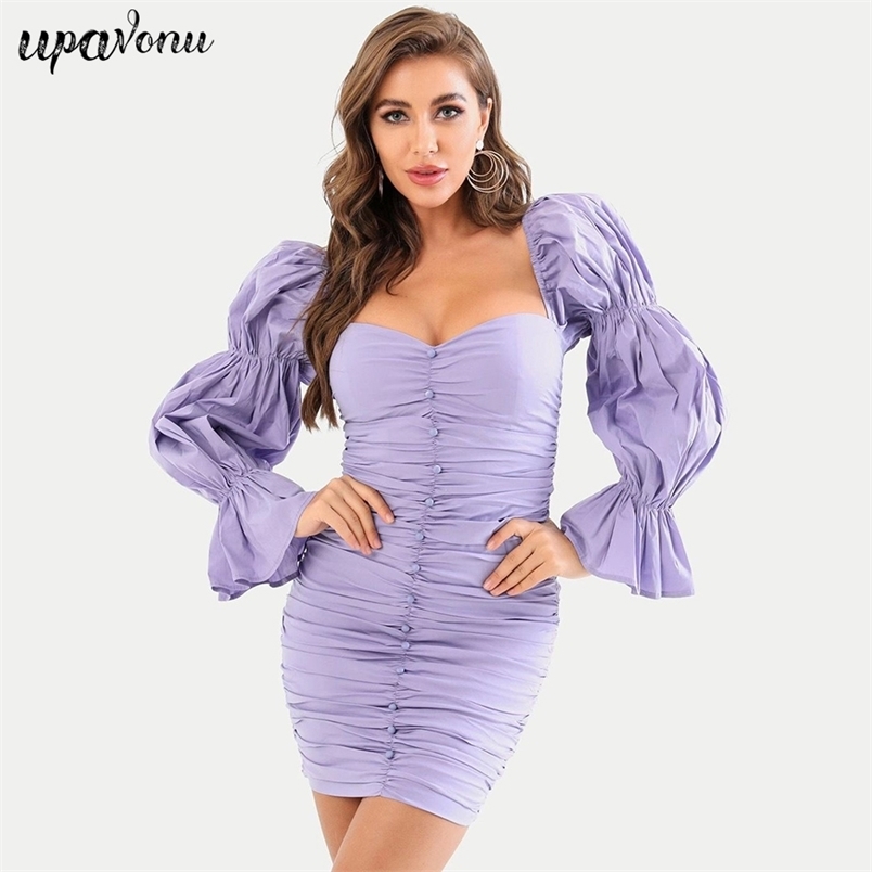 Free Women's Purple Draped Dress Sexy Square Neck Puff Sleeve Single Breasted Bodycon Club Party Mini 210524