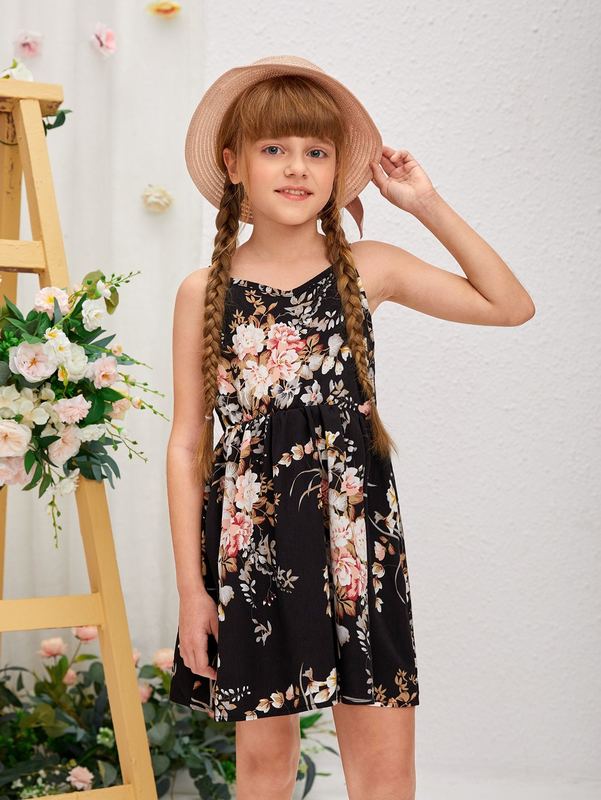 Girls High Waist Floral Print Cami Dress SHE