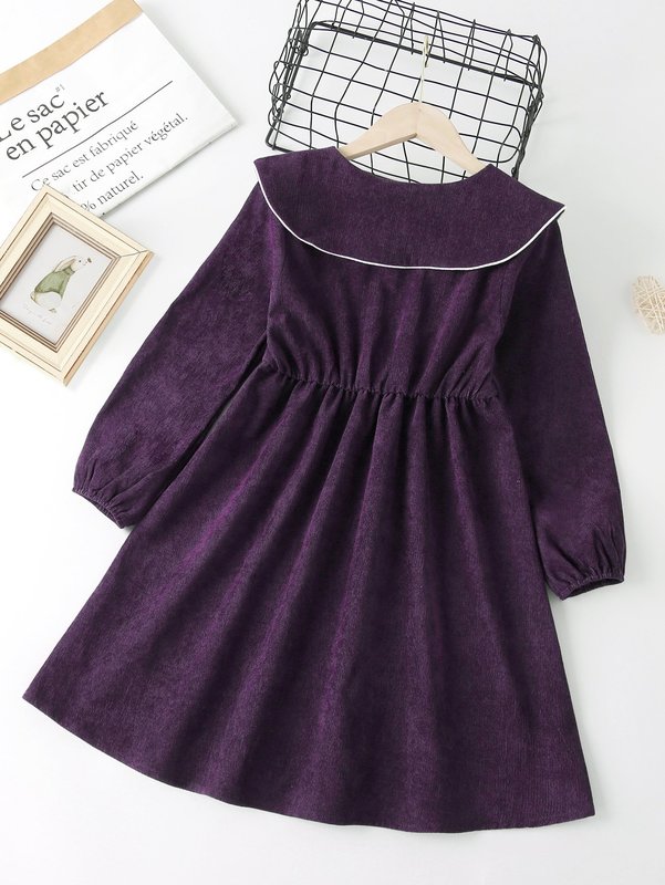 Girls Contrast Piping Peter Pan Collar Corduroy Dress SHE