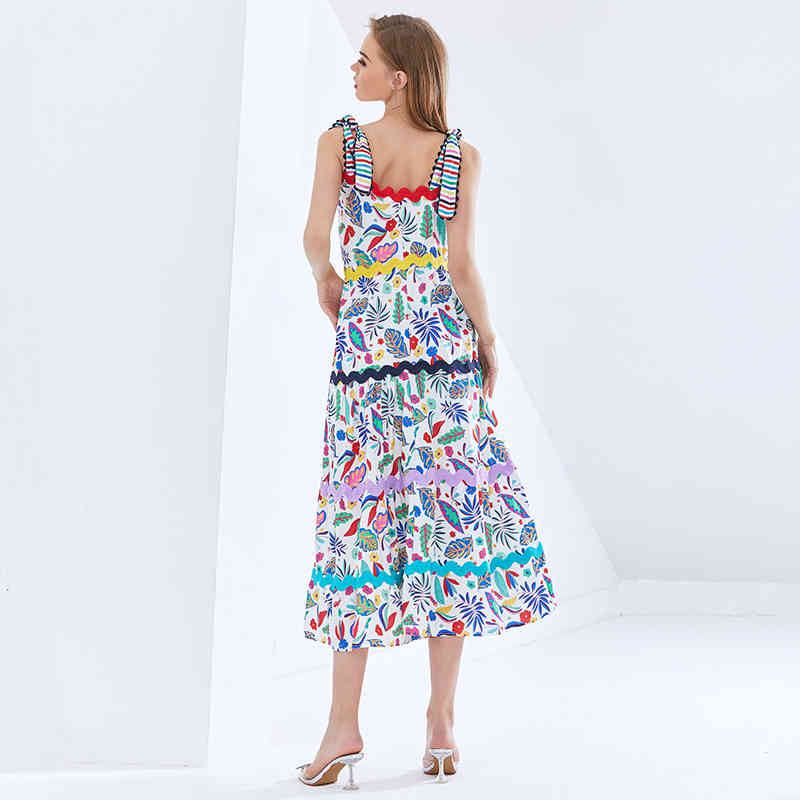 VGH Print Hit Color Dresses For Female Square Collar Sleeveless High Waist Slimming Ruched Women's Elegant Dress Fashion New 210421