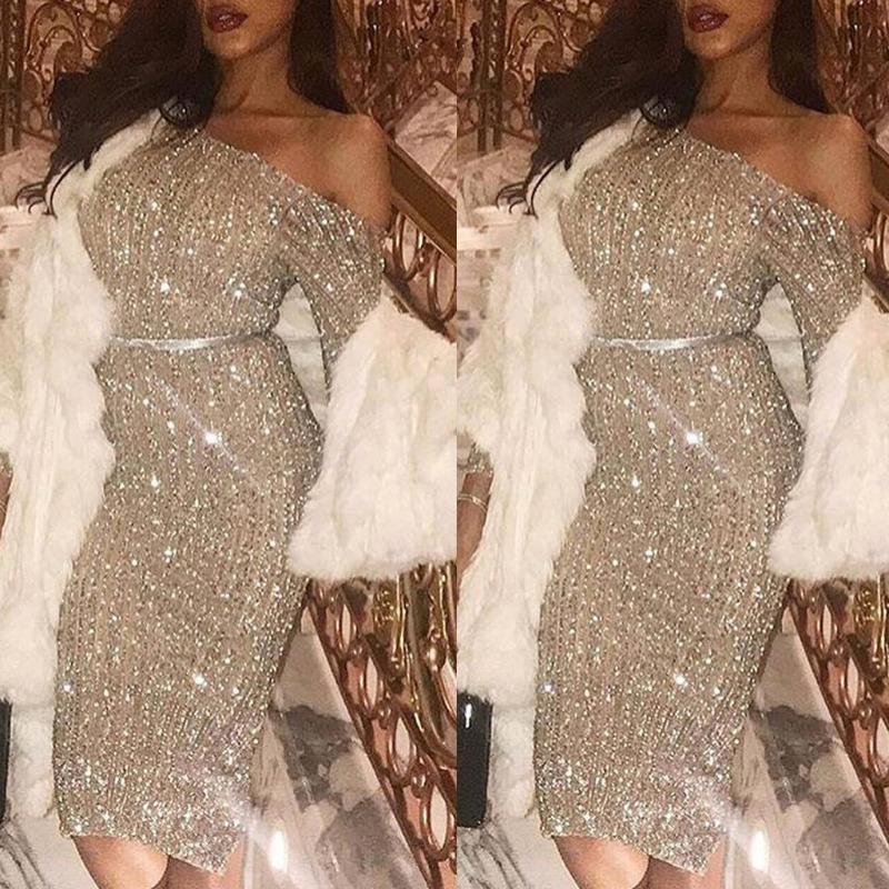 Vestidos Elegant Party Night Club Evening Dinner Bodycon Dresses For Women Sexy Long Sleeve Solid Sequin Ladies Dress